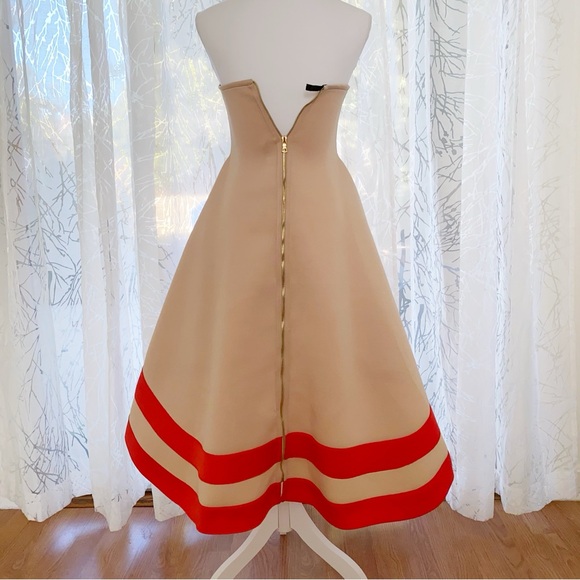 MUEHLEDER TAN RED STRIPE TRIM STRAPLESS HIGH LOW DRESS - Picture 3 of 9